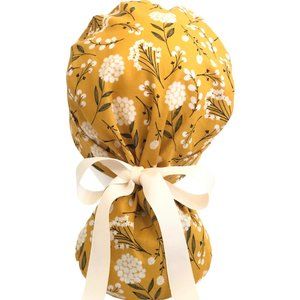 Used Mustard Yellow Floral Ponytail Scrub Hat